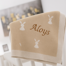 Load image into Gallery viewer, Personalised beige baby blanket with embroidered name – Little Rabbits design