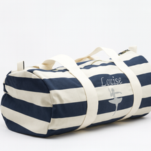 Load image into Gallery viewer, Personalised navy & beige striped barrel bag with embroidered name – Dancing Lady design