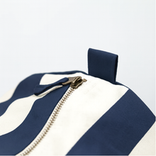 Load image into Gallery viewer, Navy & beige striped personalised barrel bag with zip closure and canvas handles