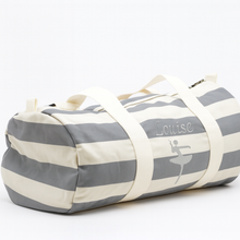 Load image into Gallery viewer, Personalised grey & beige striped barrel bag with embroidered name – Dancing Lady design