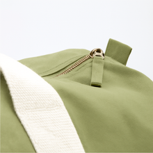 Load image into Gallery viewer, Olive green personalised barrel bag with zip closure and sturdy canvas handles