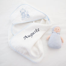 Load image into Gallery viewer, Personalised Hooded Towel with Logo - White & Blue
