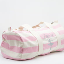 Load image into Gallery viewer, Personalised pink & white striped barrel bag with embroidered name – Dancing Lady design