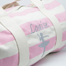 Load image into Gallery viewer, Pink & white striped personalised barrel bag with zip closure and sturdy canvas handles