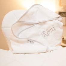 Load image into Gallery viewer, Personalised white hooded towel with embroidered baby name – 100% cotton