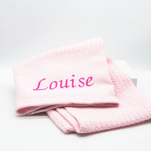 Load image into Gallery viewer, Personalised pink knitted baby blanket with embroidered name