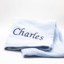 Load image into Gallery viewer, Personalised blue knitted baby blanket with embroidered name