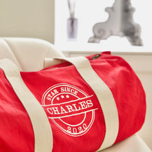 Load image into Gallery viewer, Personalised red barrel bag with embroidered name – Star Since design
