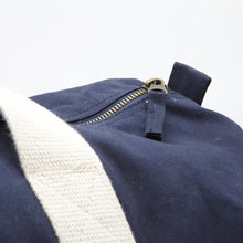 Load image into Gallery viewer, Navy personalised barrel bag with zip closure and sturdy canvas handles