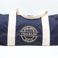 Load image into Gallery viewer, Personalised navy barrel bag with embroidered name – Star Since design