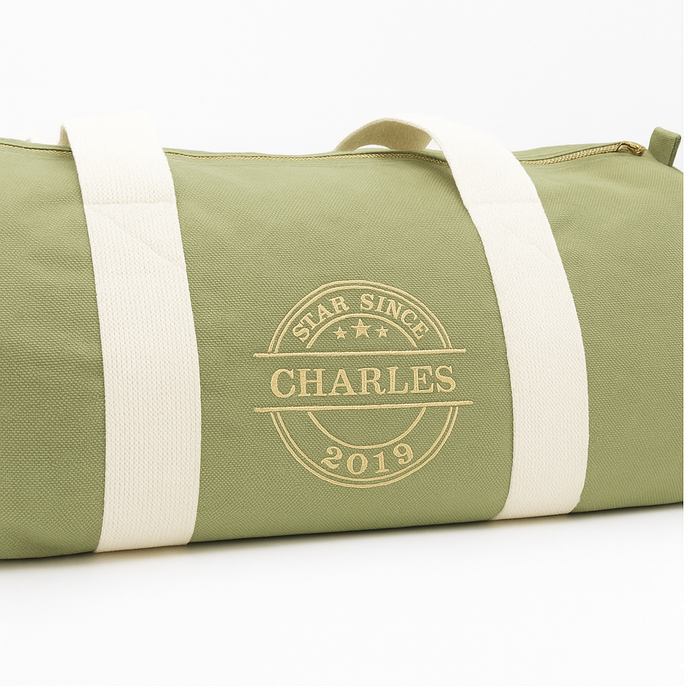 Personalised olive green barrel bag with embroidered name – Star Since design