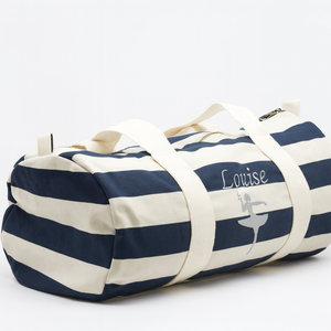 Personalised navy & beige striped barrel bag with embroidered name – Dancing Lady design