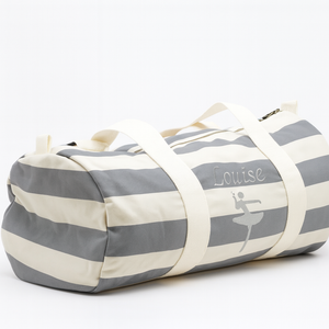 Personalised grey & beige striped barrel bag with embroidered name – Dancing Lady design