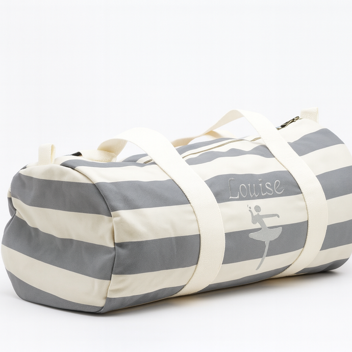 Personalised grey & beige striped barrel bag with embroidered name – Dancing Lady design