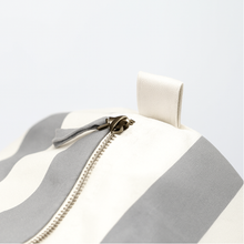 Load image into Gallery viewer, Lightweight grey &amp; beige striped barrel bag with zip closure and sturdy canvas handles