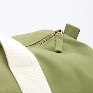 Olive green personalised barrel bag with zip closure and sturdy canvas handles
