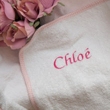 Load image into Gallery viewer, Personalised Hooded Towel with Logo - White &amp; Pink