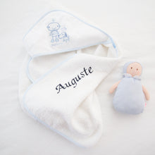 Load image into Gallery viewer, Personalised Hooded Towel with Logo - White &amp; Blue