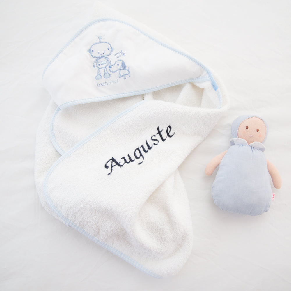 Personalised Hooded Towel with Logo - White & Blue