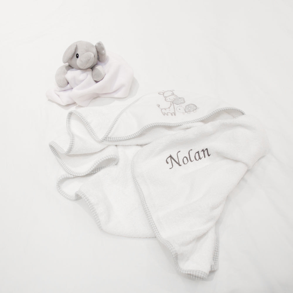 Personalised Hooded Towel with Logo - White & Grey