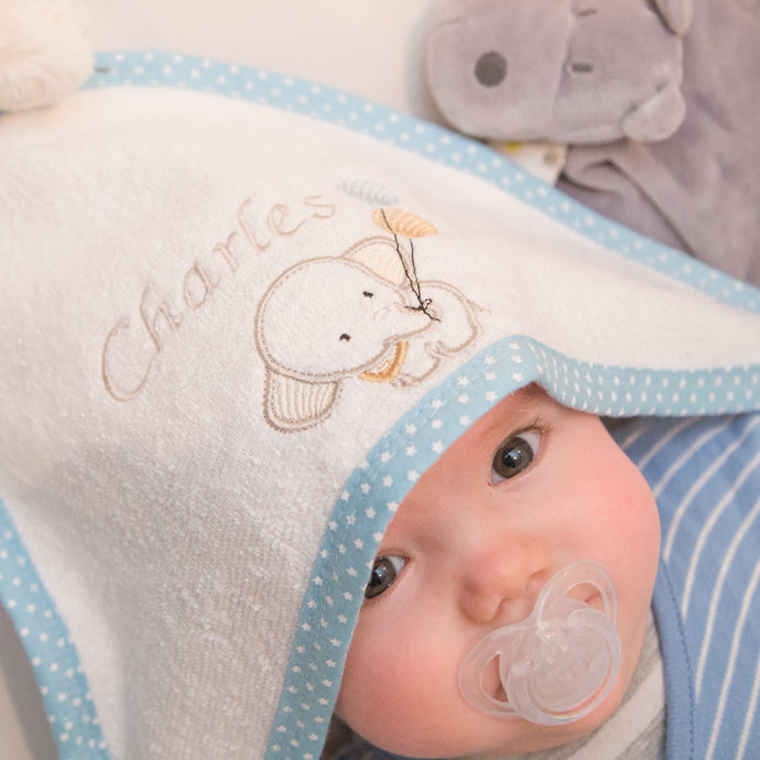 Personalised Hooded Towel Elephant - Blue & White