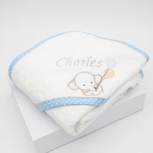 Load image into Gallery viewer, Personalised Hooded Towel Elephant - Blue &amp; White